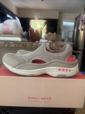 Easy Spirit Women Slip-On Mesh Comfort Sneaker - Light Gray with Pink Accents